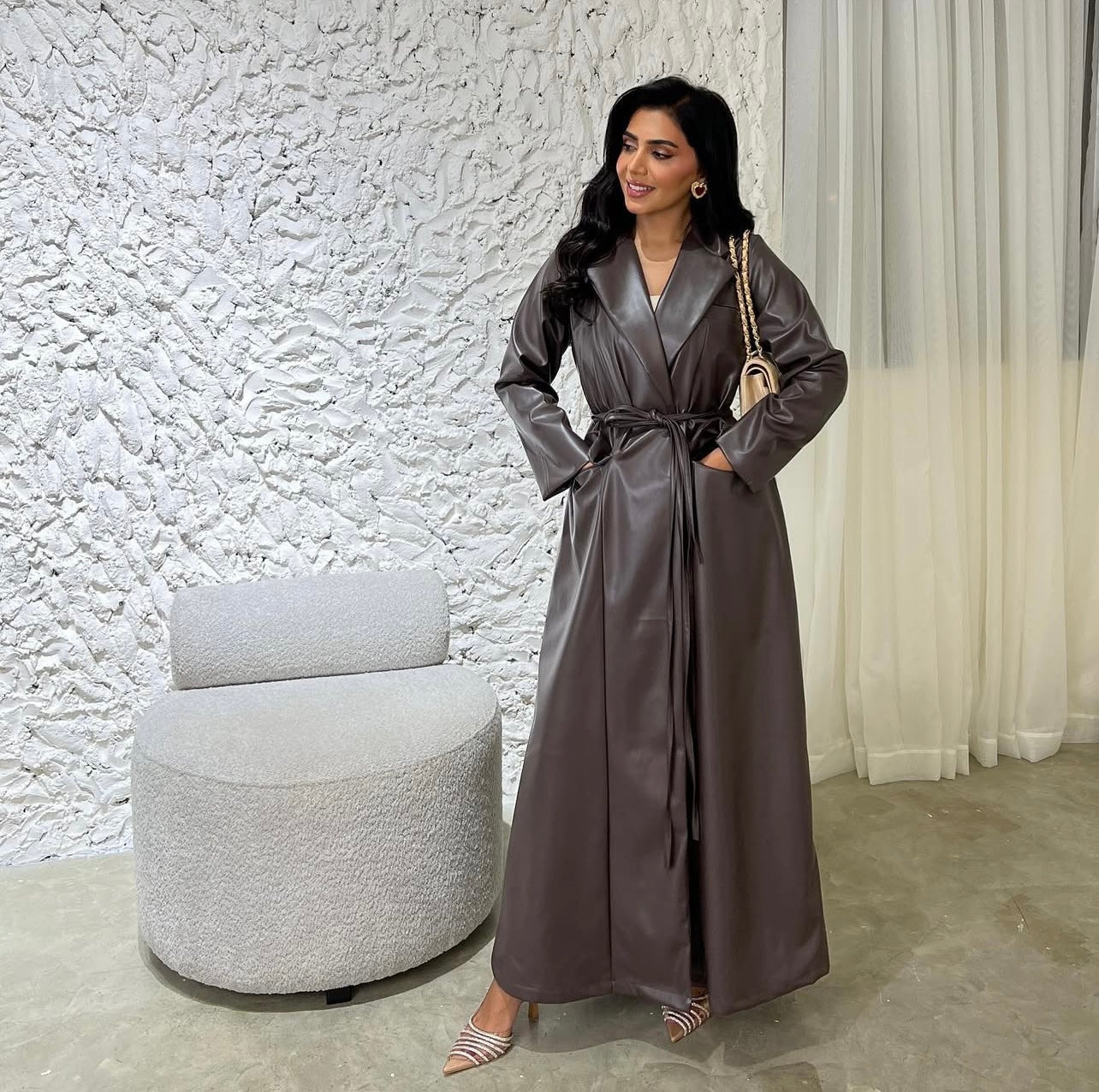 Brown Leather With Belt Abaya