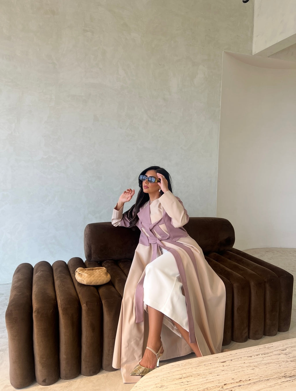 Pink With Beige Crepe Abaya