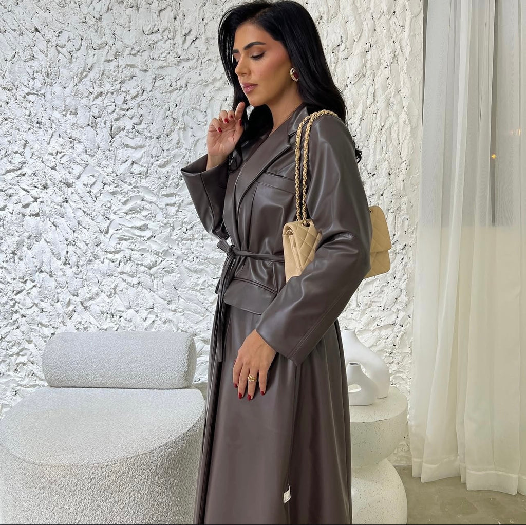 Brown Leather With Belt Abaya