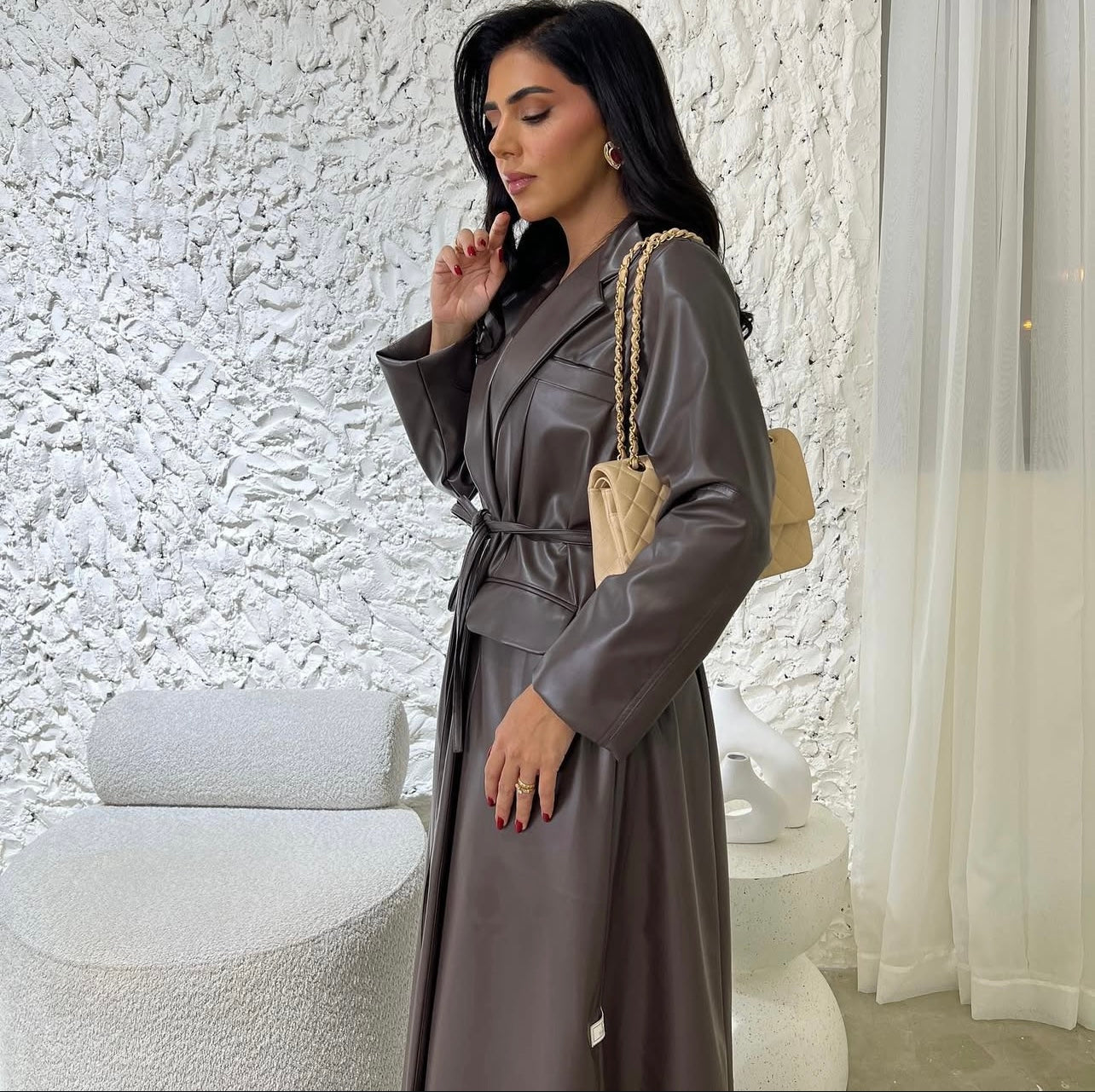 Brown Leather With Belt Abaya
