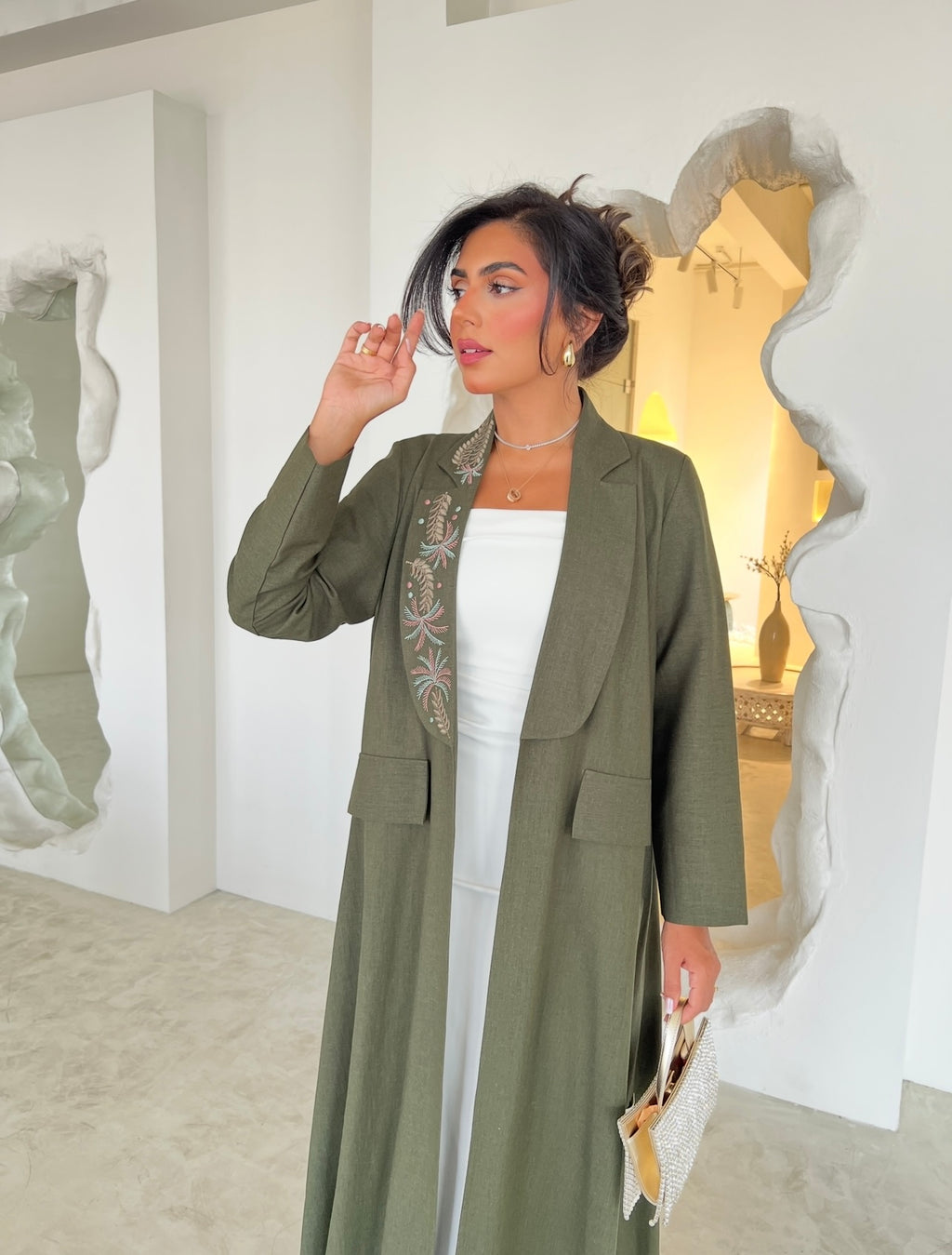 Green Linnen With Embroidery Abaya