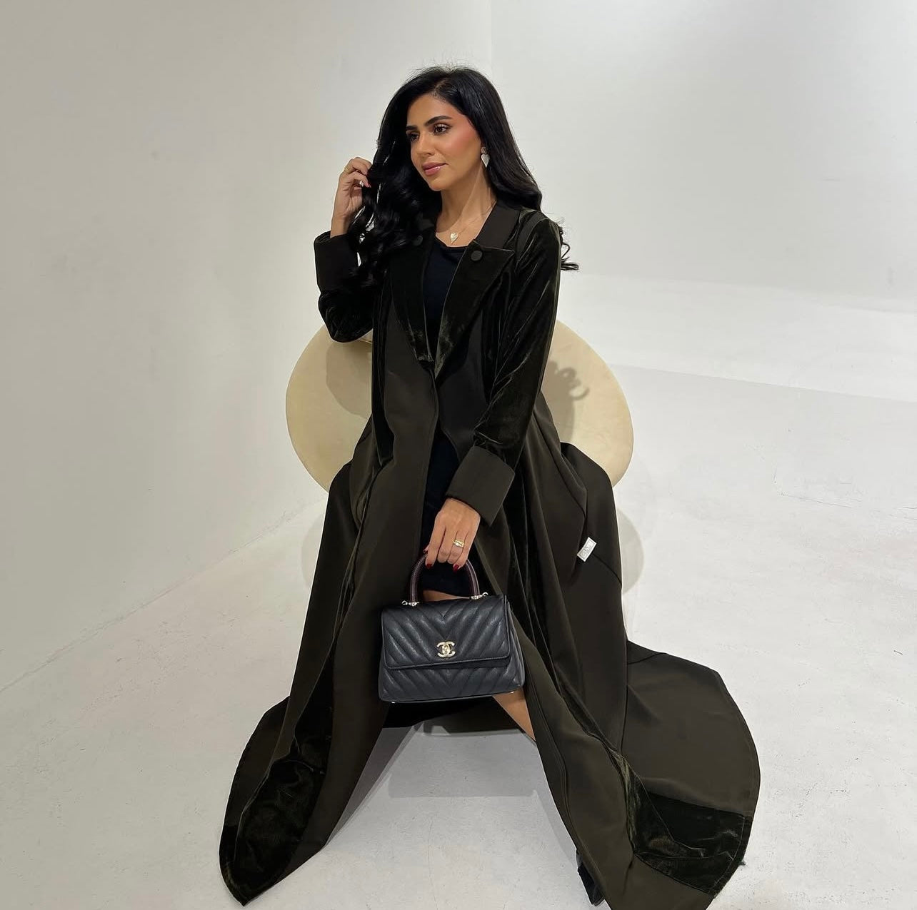 Olive Green Crepe With Velvet Abaya