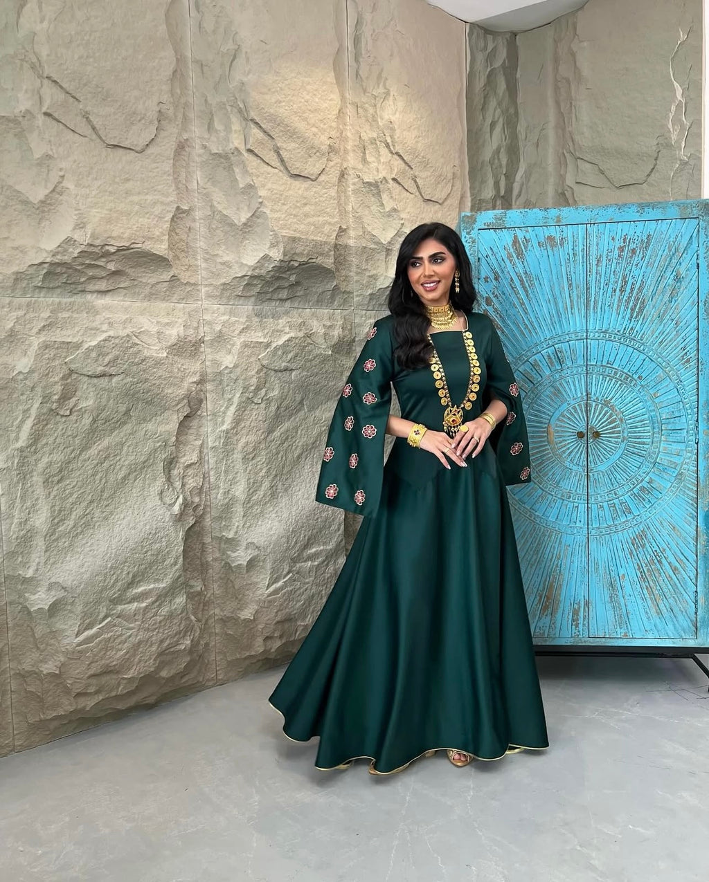 Green Silk Jalabeya With Embroidery