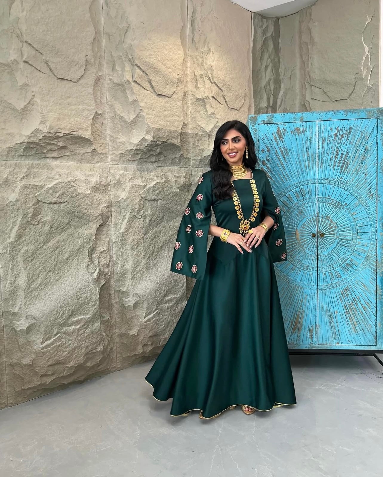 Green Silk Jalabeya With Embroidery