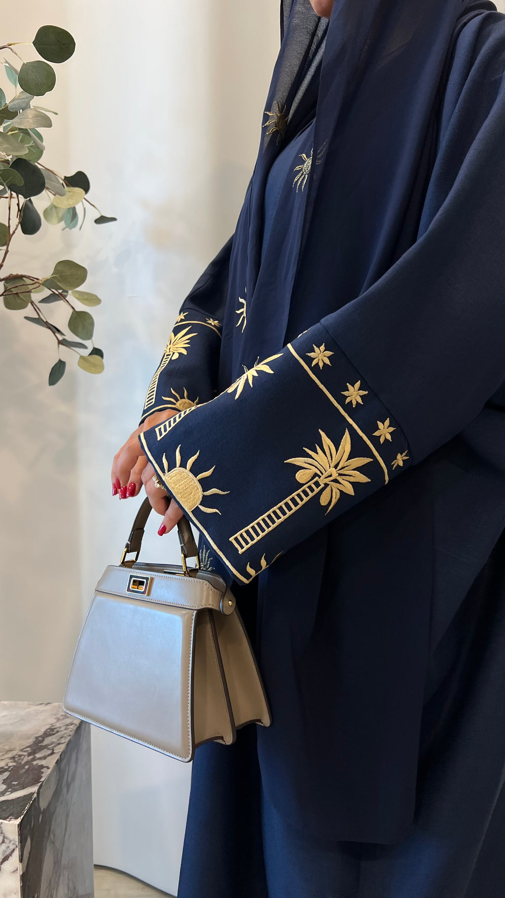 Navy Blue Linnen With Embroidery Abaya