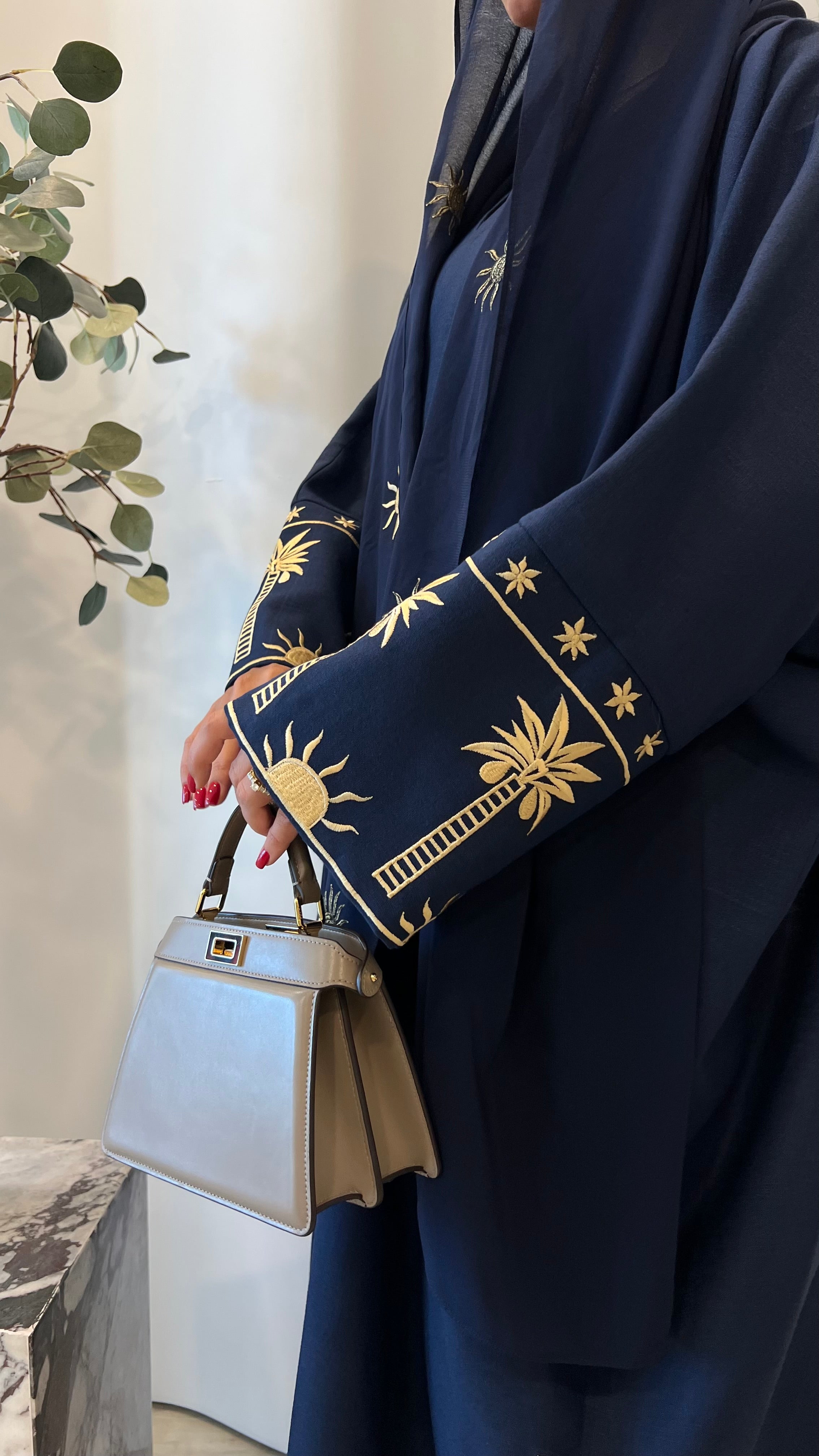 Navy Blue Linnen With Embroidery Abaya
