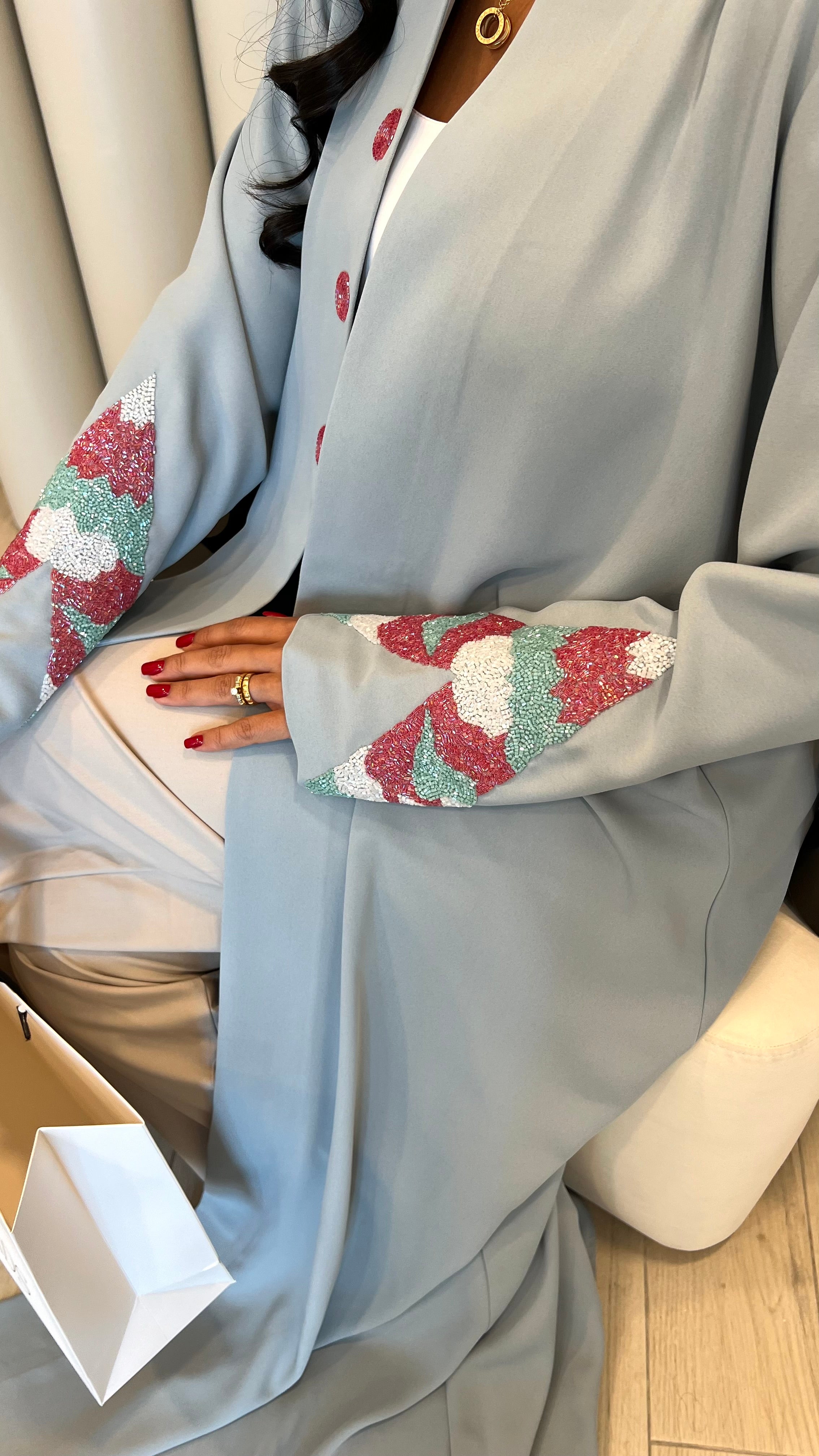 Light Blue Abaya With Hand Embroidery