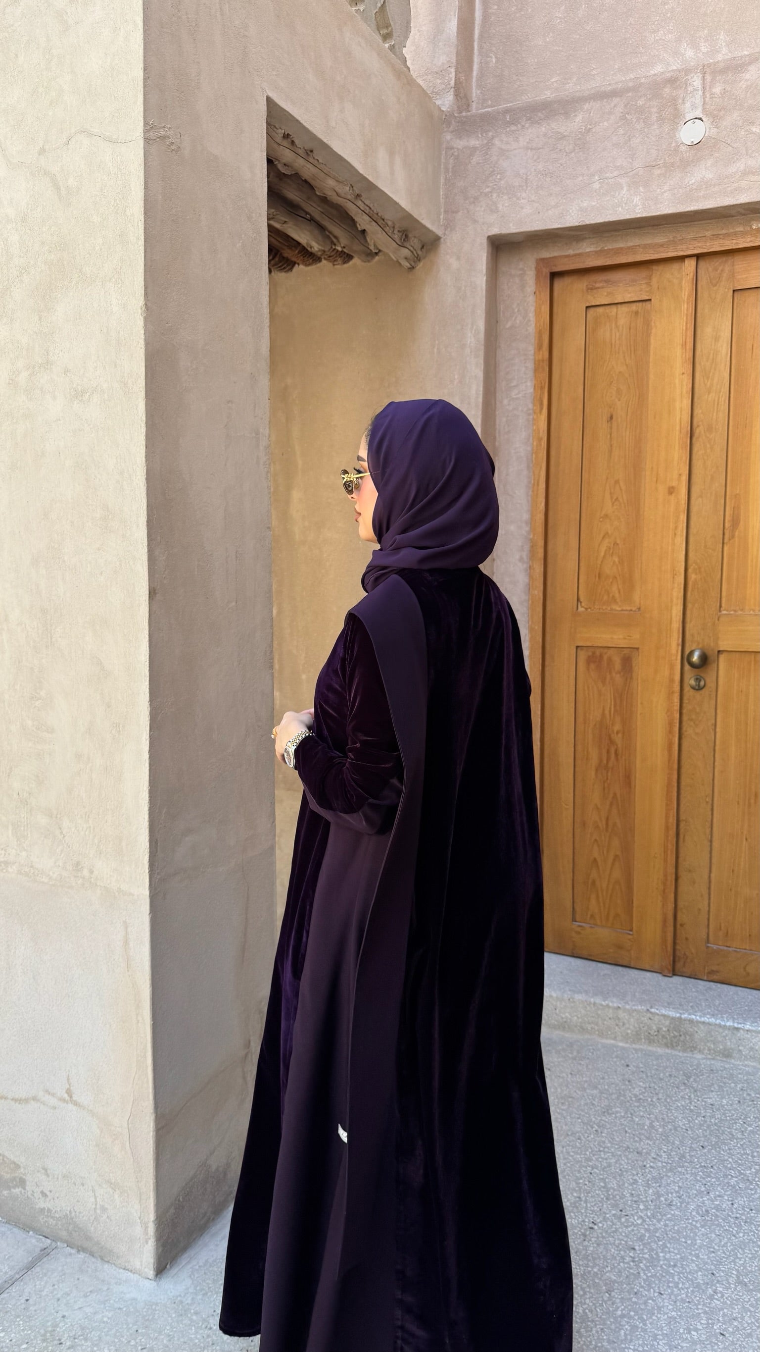 Purple Velvet With Crepe Shawl Abaya