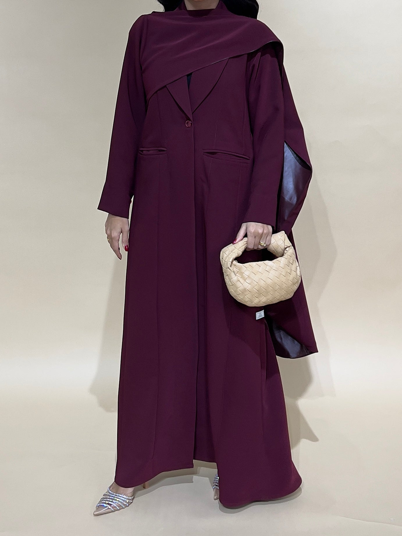 Burgandy Crepe with Leather Abaya
