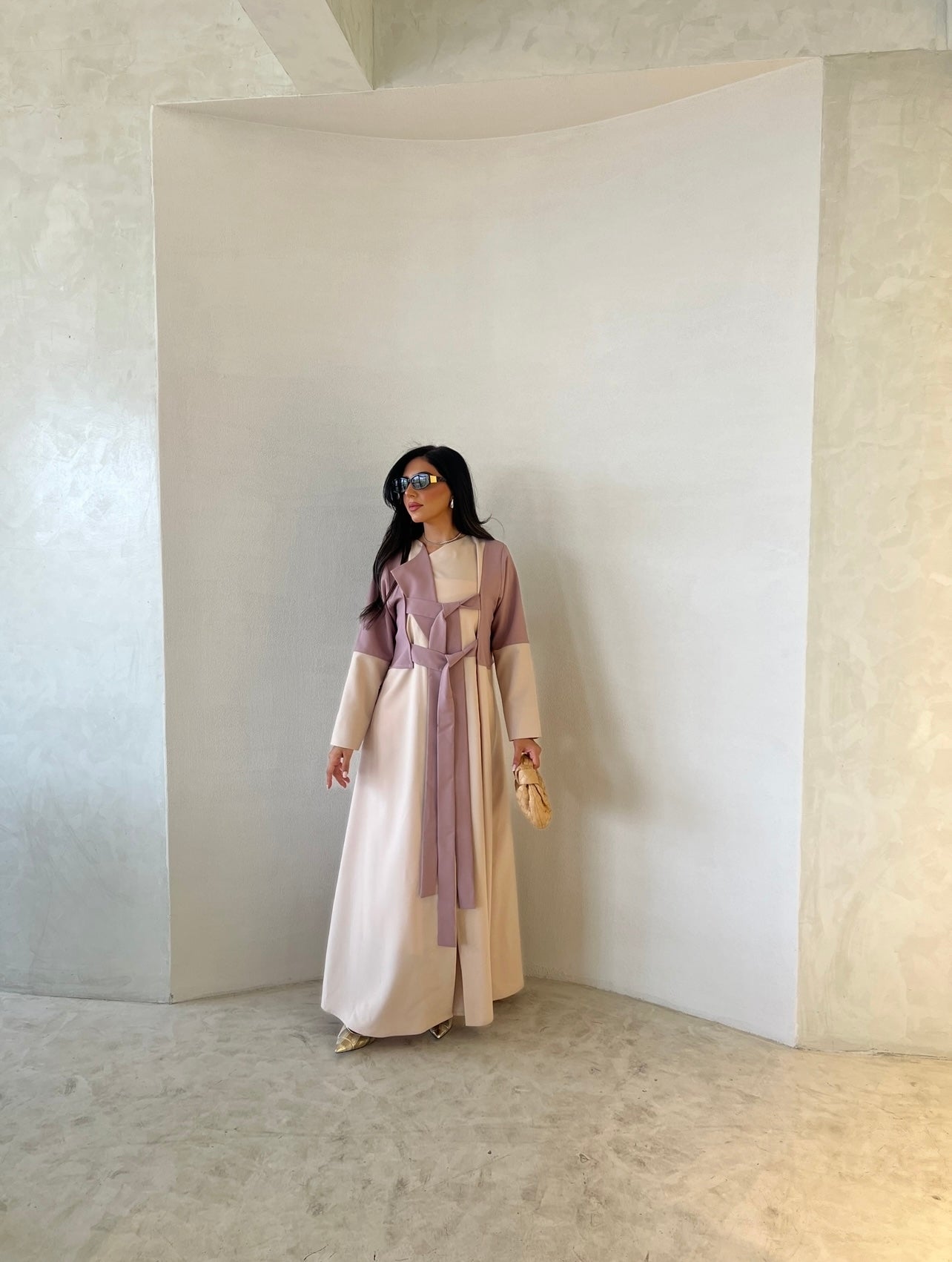 Pink With Beige Crepe Abaya