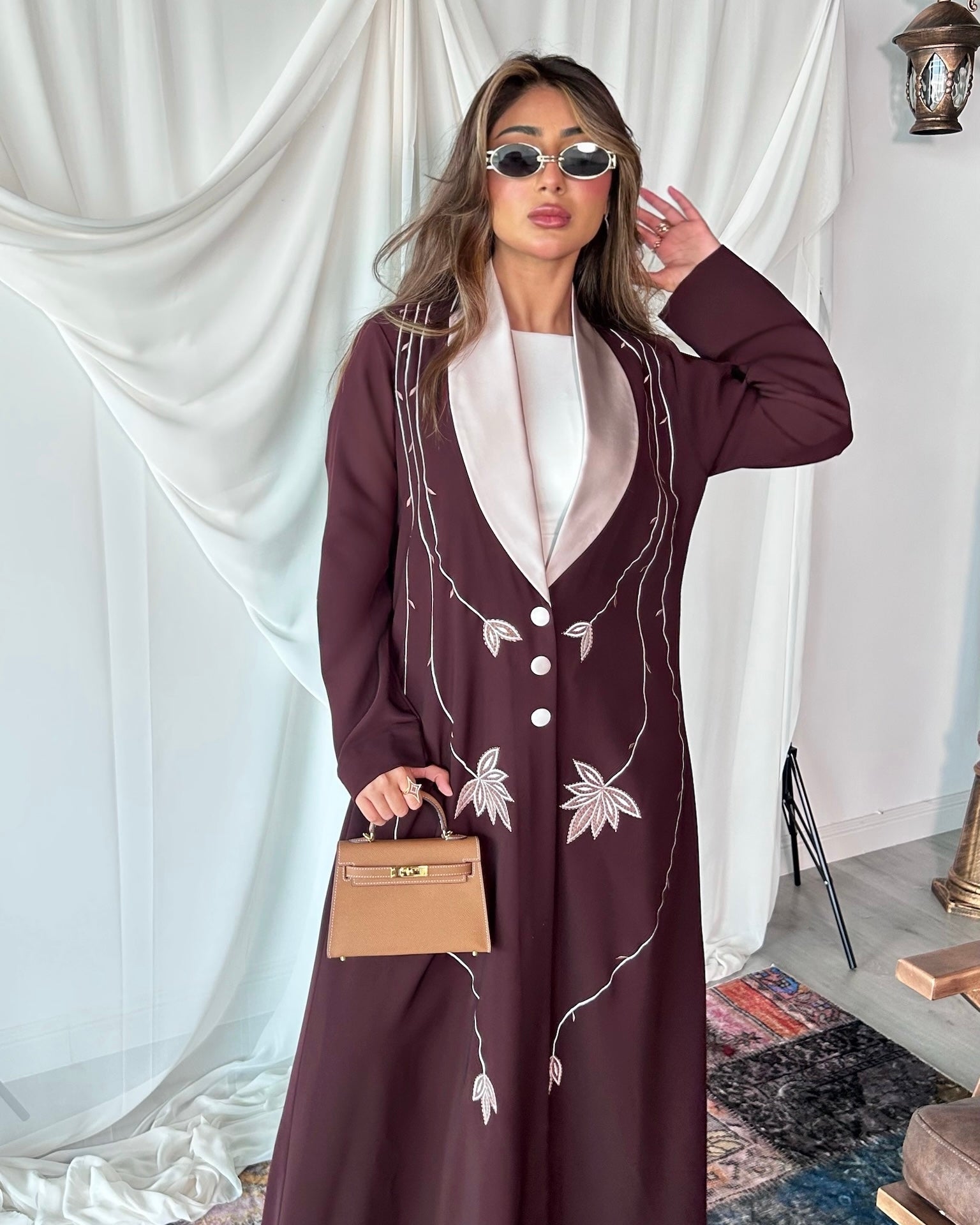 Brown And Light Pink Blazer With Embroidery Abaya