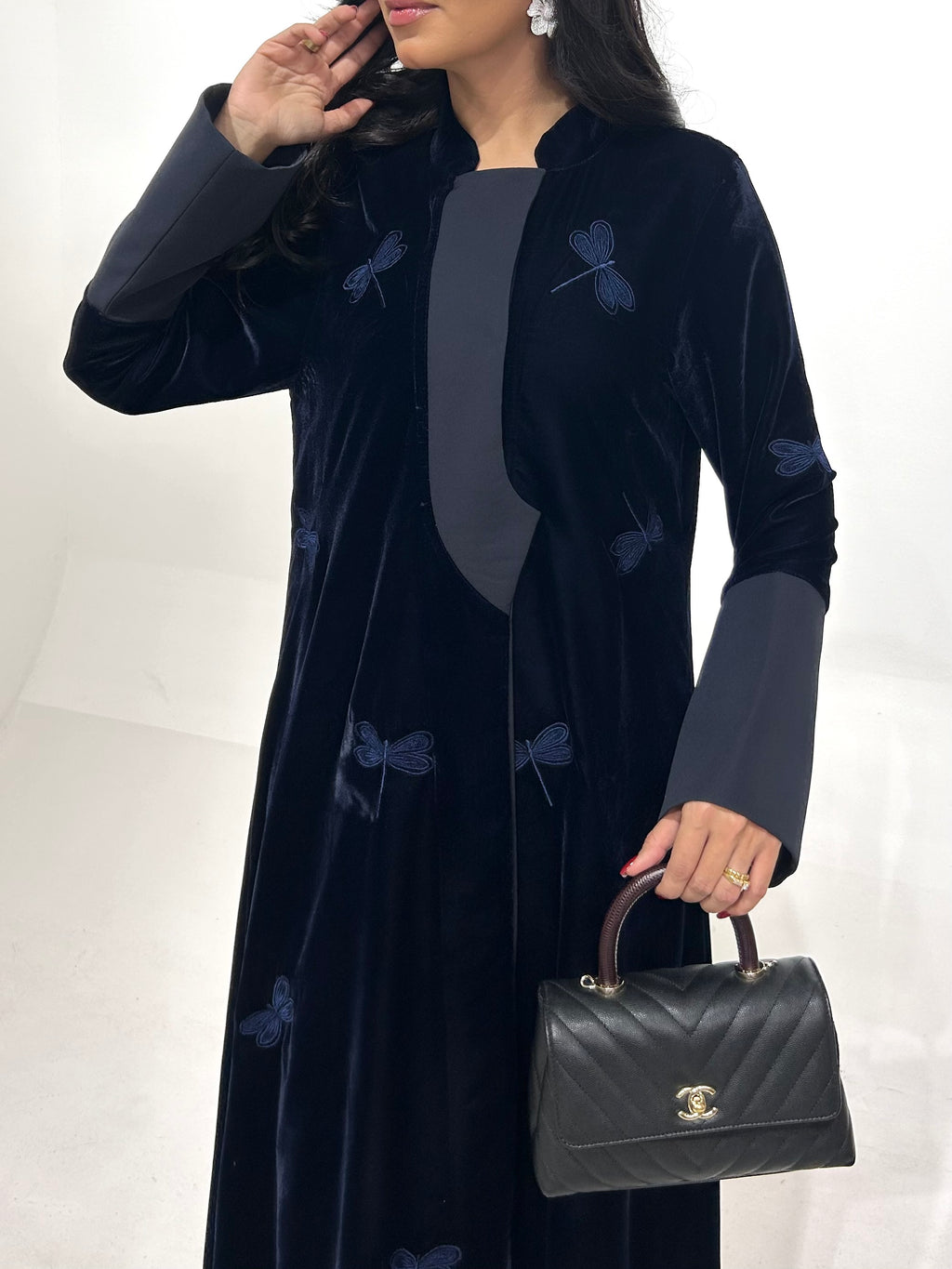 Navy Blue Velvet With Embroidery Abaya