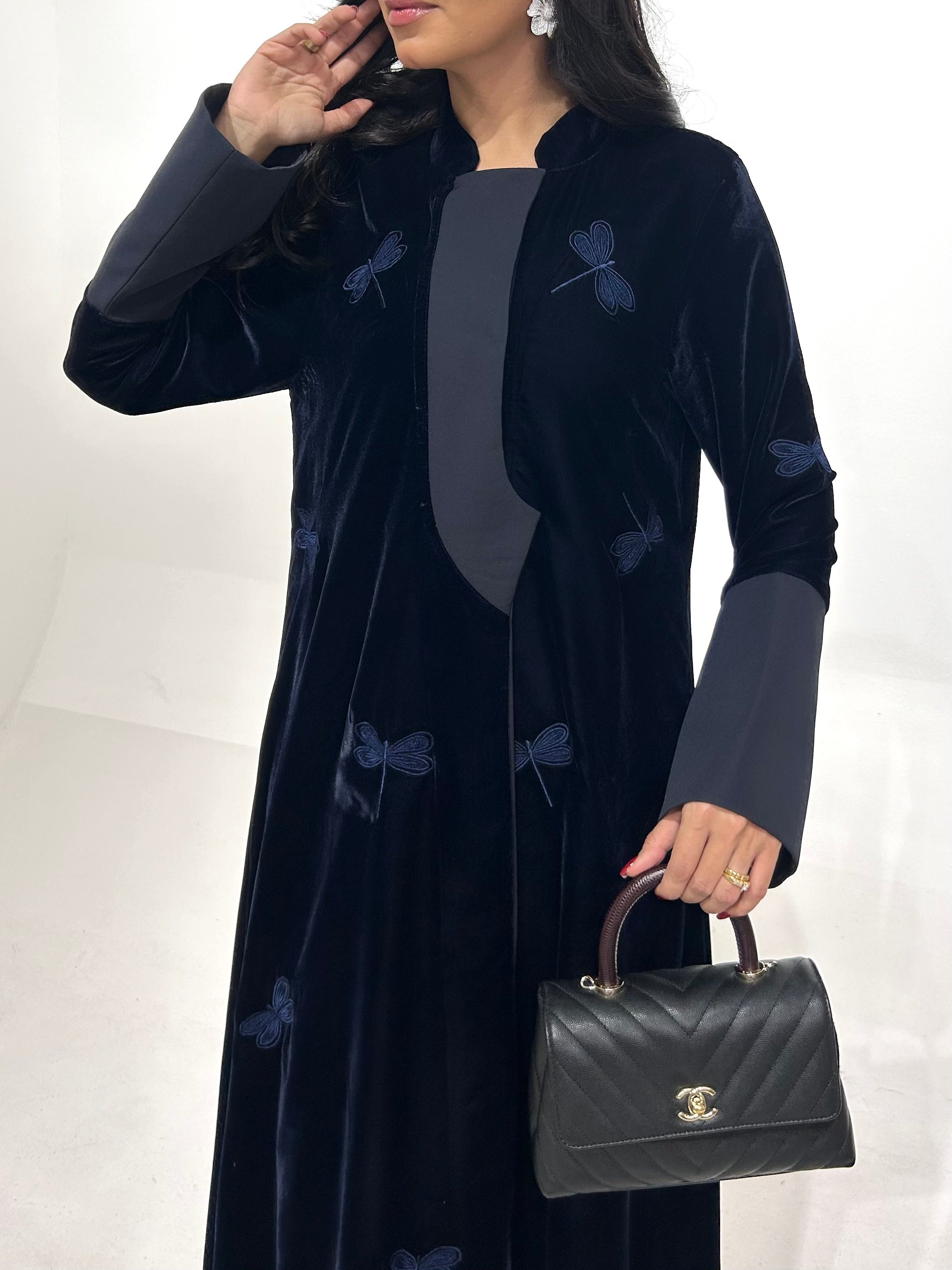 Navy Blue Velvet With Embroidery Abaya