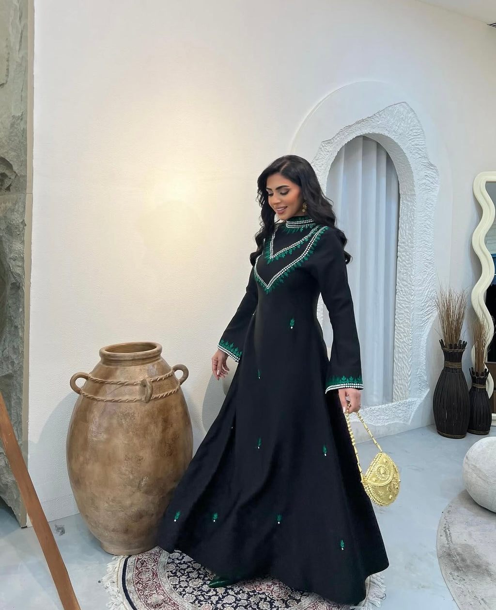 Black Jalabeya With Silver And Green Embroidery
