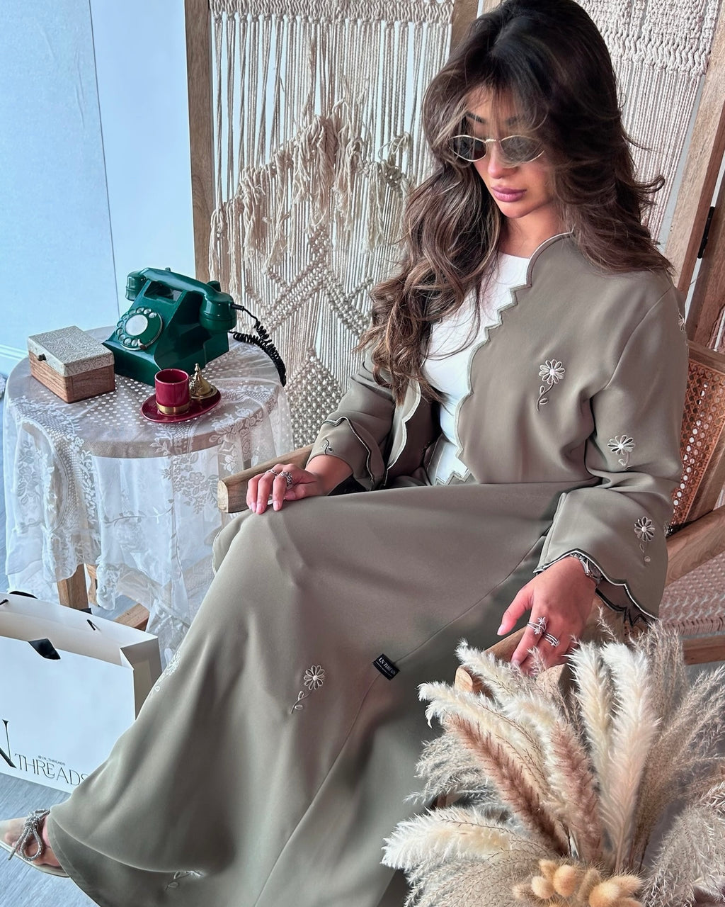 Light Olive Green Embroidery Abaya