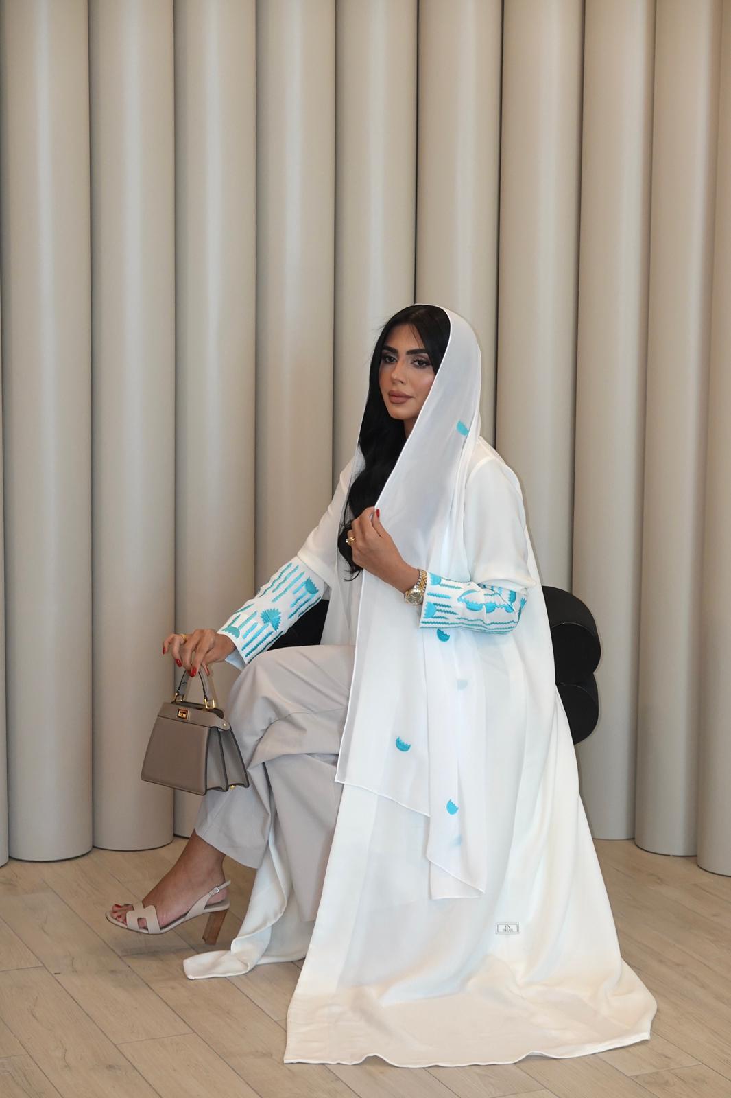 White Abaya with Blue Embroidery