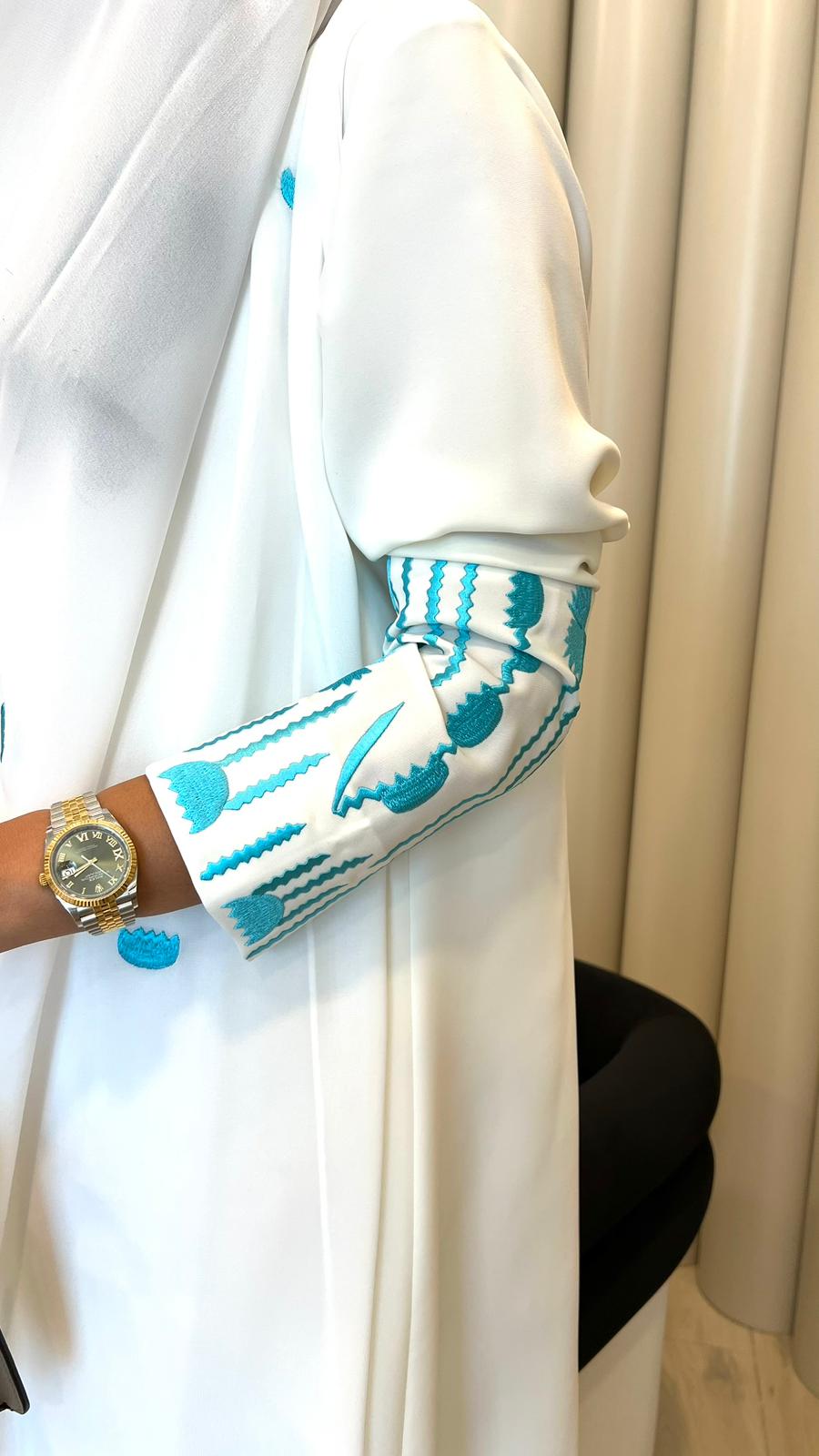 White Abaya with Blue Embroidery