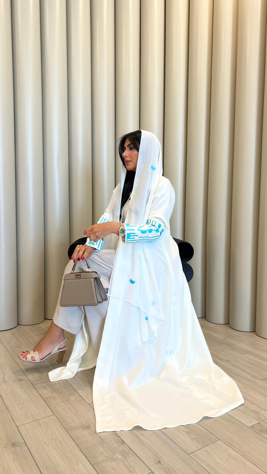 White Abaya with Blue Embroidery
