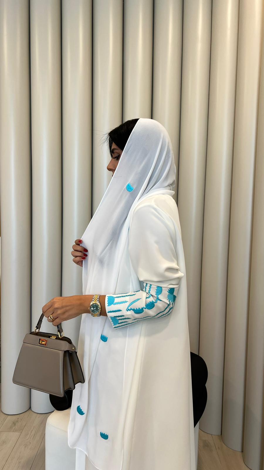 White Abaya with Blue Embroidery