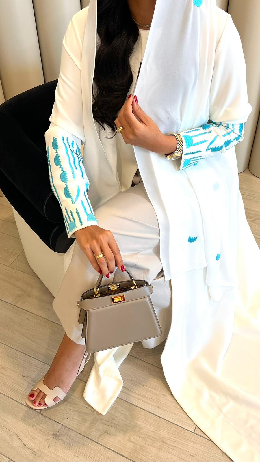 White Abaya with Blue Embroidery