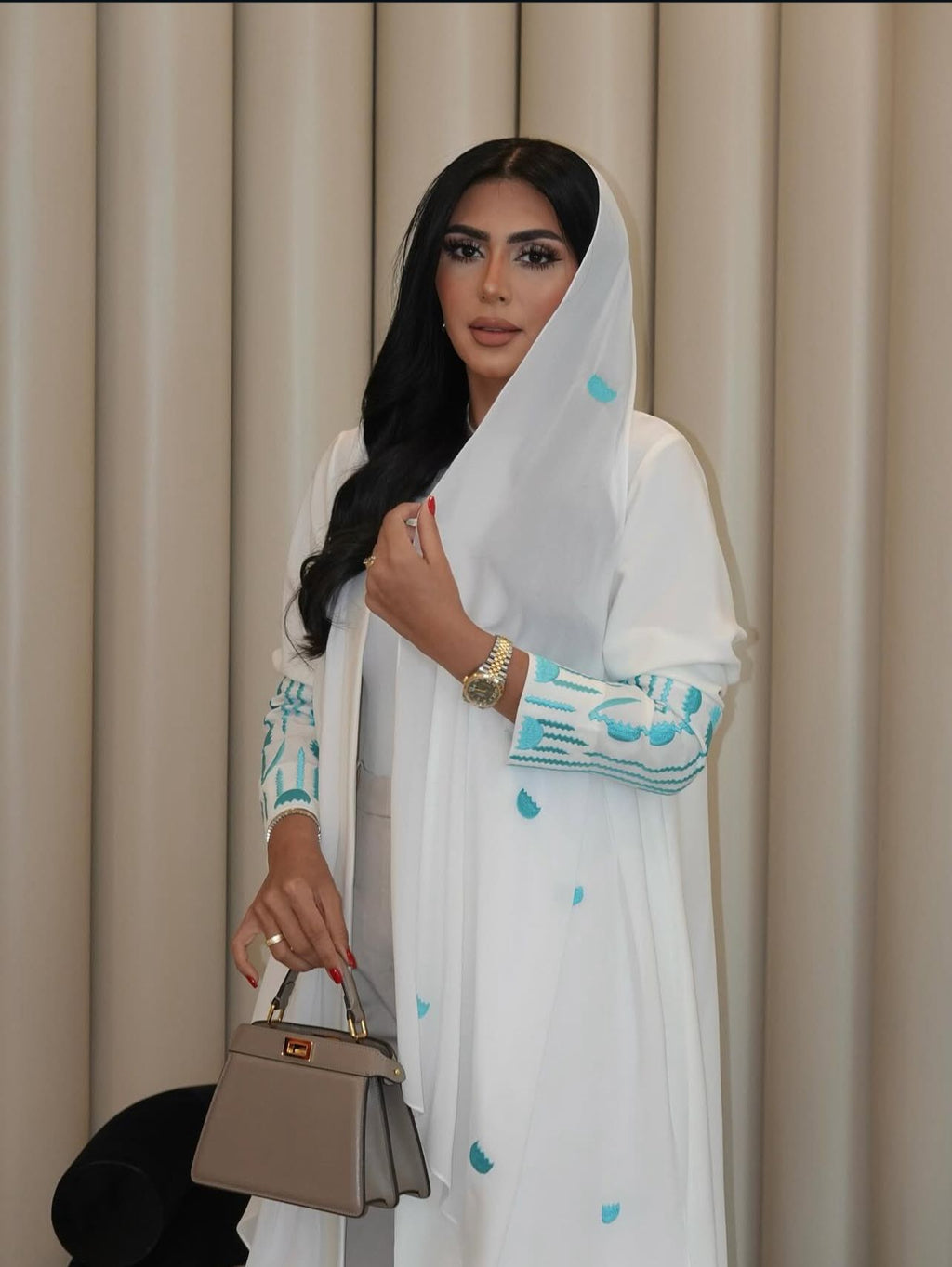 White Abaya with Blue Embroidery