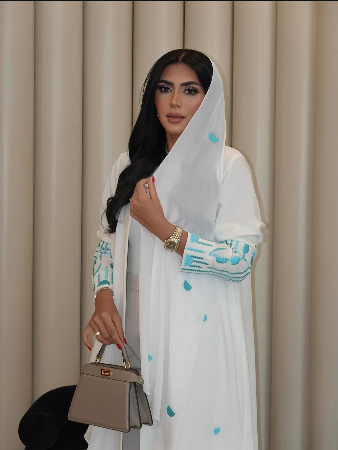 White Abaya with Blue Embroidery